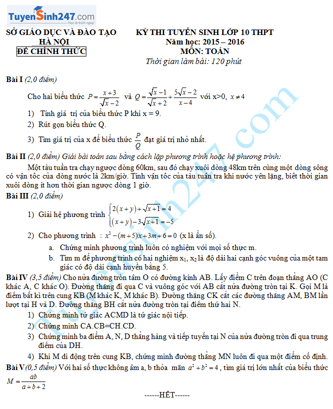 Đề thi vào lớp 10 môn Toán 2015 Hà Nội