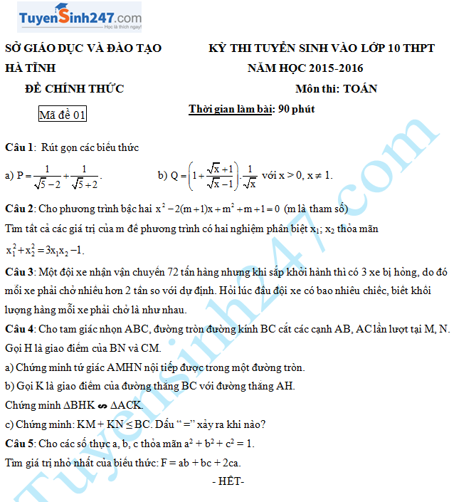 Đề thi vào lớp 10 môn Toán 2015 Hà Tĩnh