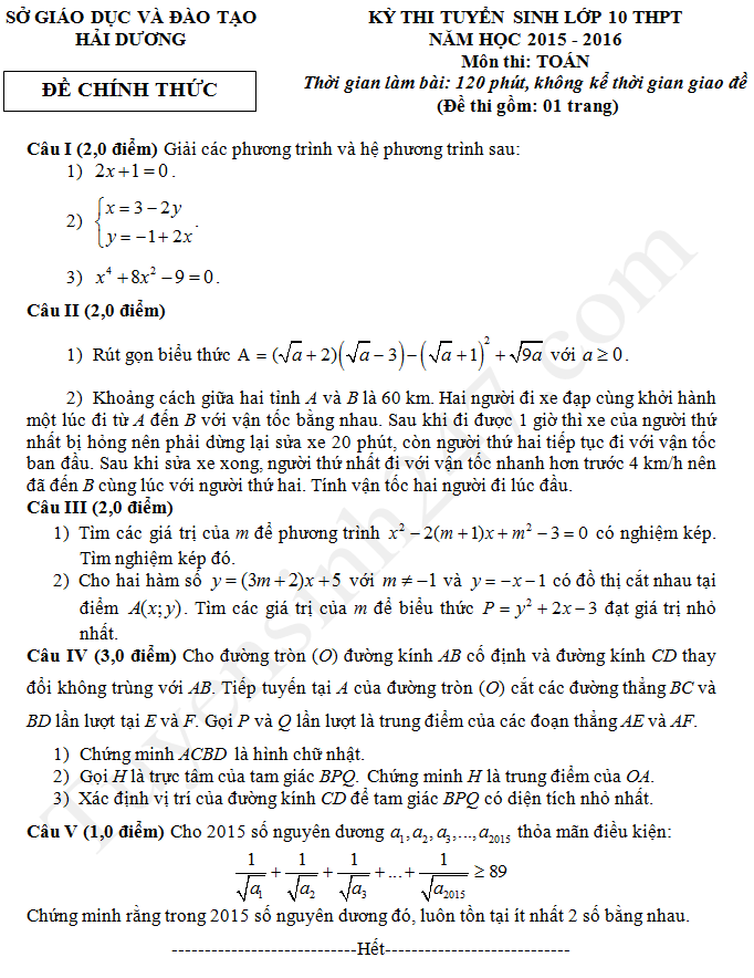 Đề thi vào lớp 10 môn Toán 2015 Hải Dương