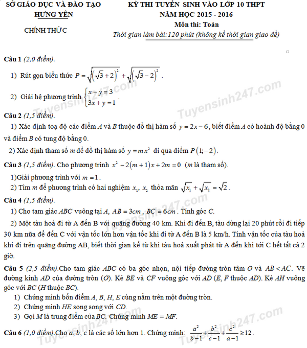 Đề thi vào lớp 10 môn Toán 2015 tỉnh Hưng Yên