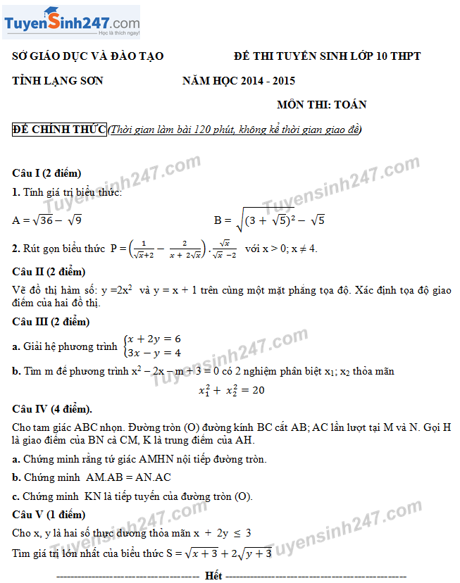 Đề thi vào lớp 10 môn Toán tỉnh Lạng Sơn 2014