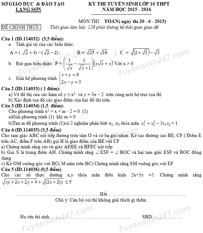 Đề thi tuyển sinh vào lớp 10 môn Toán 2015 Lạng Sơn