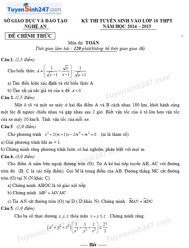 Đề thi vào lớp 10 môn Toán tỉnh Nghệ An 2014