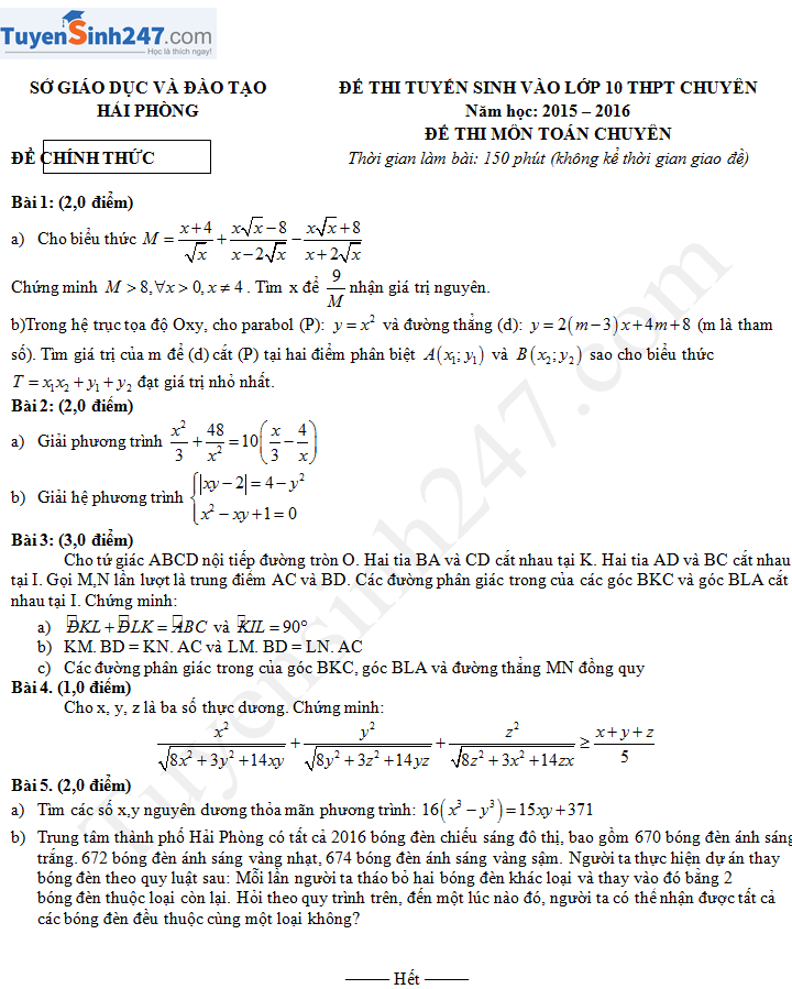Đề thi vào lớp 10 môn Toán chuyên Hải Phòng năm 2015 - 2016
