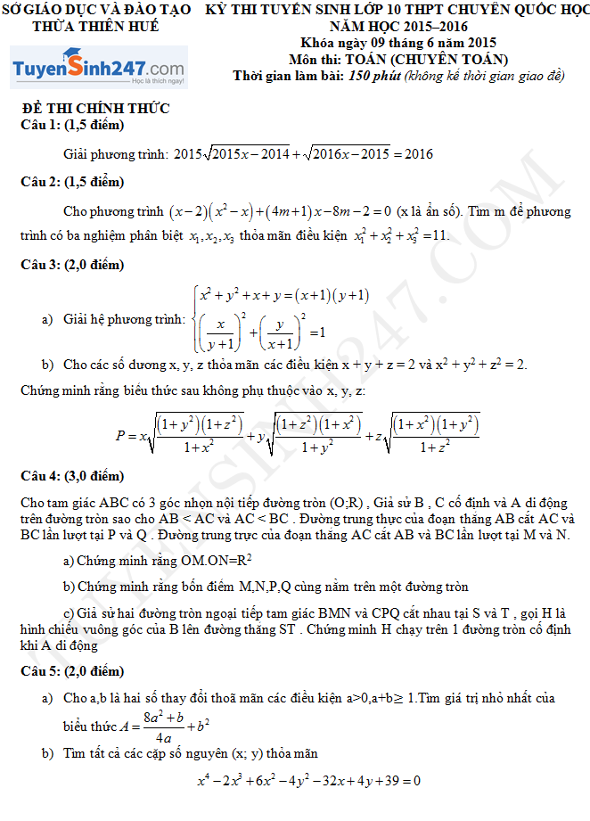 Đề thi vào lớp 10 môn Toán chuyên Quốc học Huế 2015 - 2016