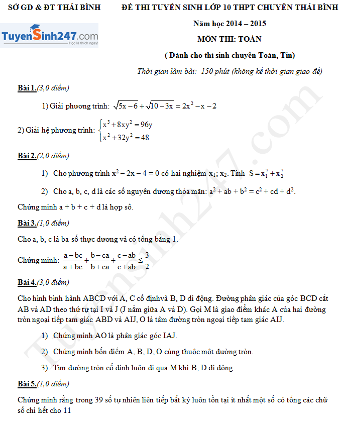 Đề thi vào lớp 10 môn Toán chuyên Thái Bình 2014 - 2015