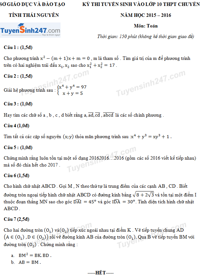 Đề thi vào lớp 10 môn Toán THPT chuyên Thái Nguyên 2015 - 2016