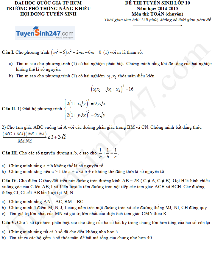 Đề thi vào lớp 10 môn Toán - Chuyên THPT Năng khiếu TPHCM 2014 - 2015