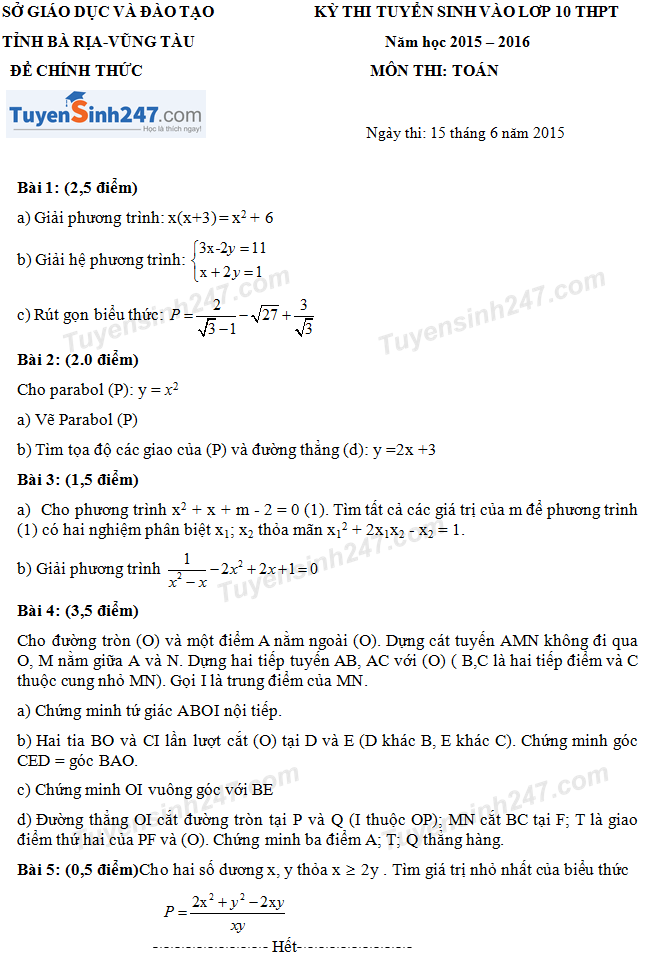 Đề thi tuyển sinh lớp 10 môn Toán Vũng Tàu 2015