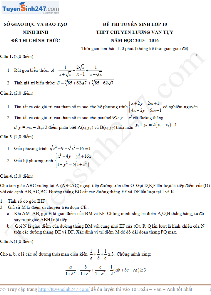 Đề thi vào lớp 10 môn Toán THPT chuyên Lương Văn Tụy 2015 - 2016