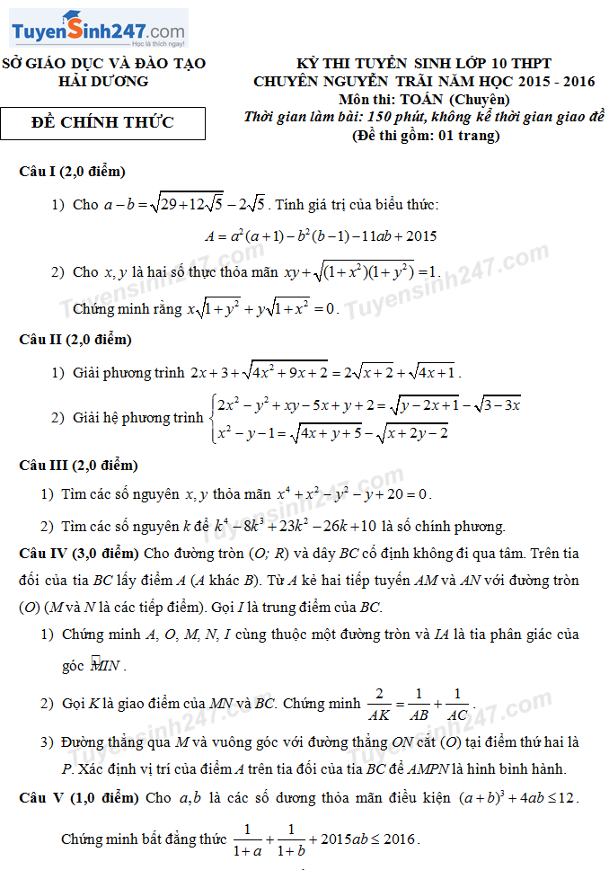 Đề thi vào lớp 10 môn Toán THPT chuyên Nguyễn Trãi 2015 - 2016