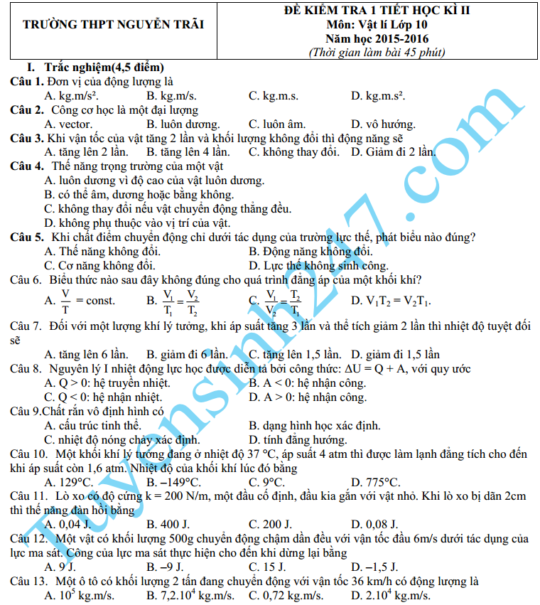 Đề thi học kì 2 môn Lý 10 – THPT Nguyễn Trãi 2016