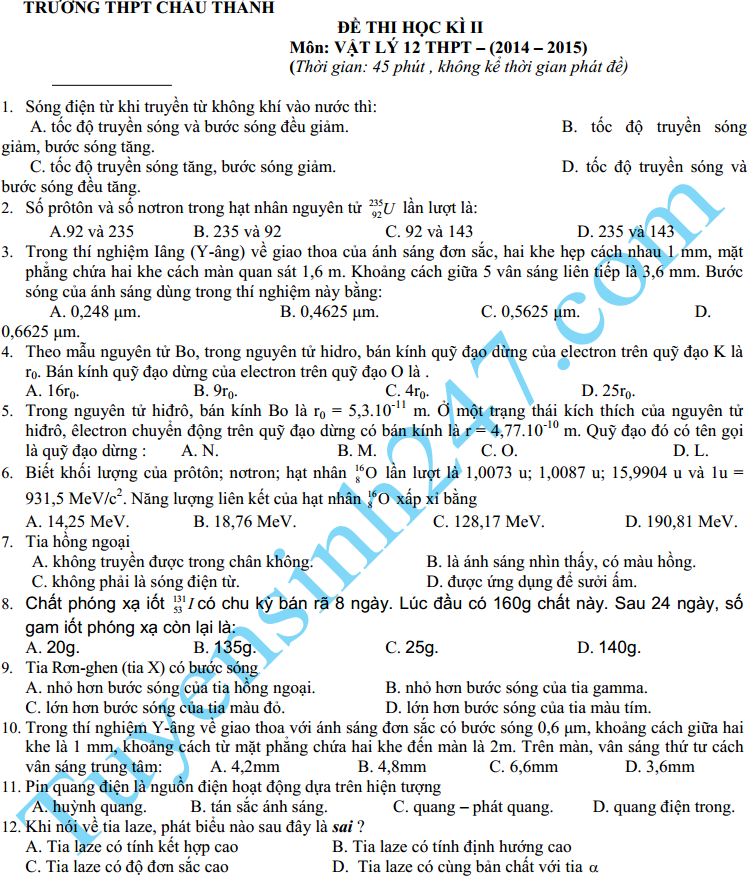 Đề thi học kì 2 lớp 12 môn Lý – THPT Châu Thành 2015