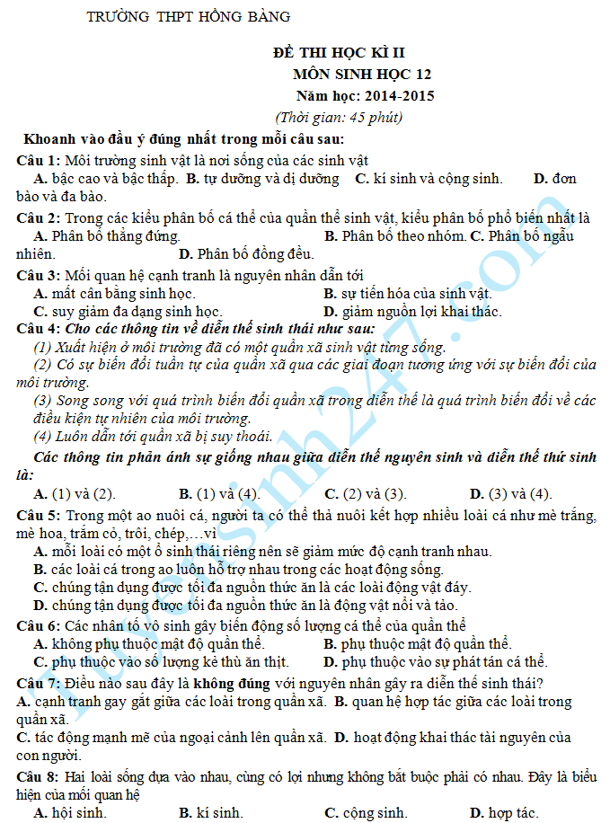 Đề thi học kì 2 lớp 12 môn Sinh – THPT Hồng Bàng 2015