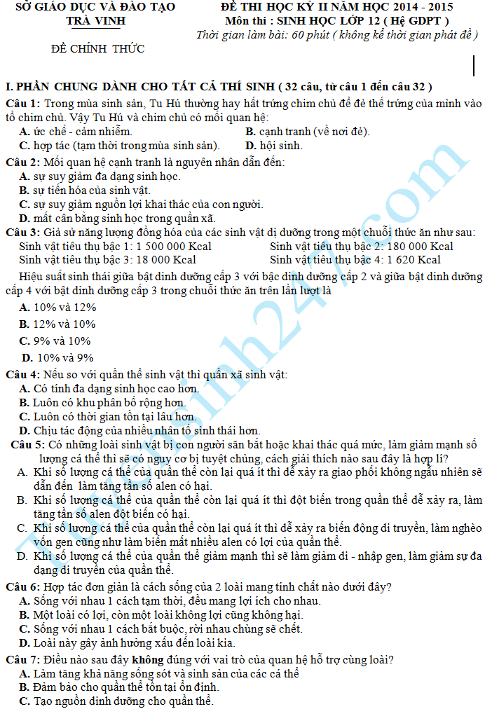 Đề thi học kì 2 năm 2015 lớp 12 môn Sinh – Sở GD Trà Vinh