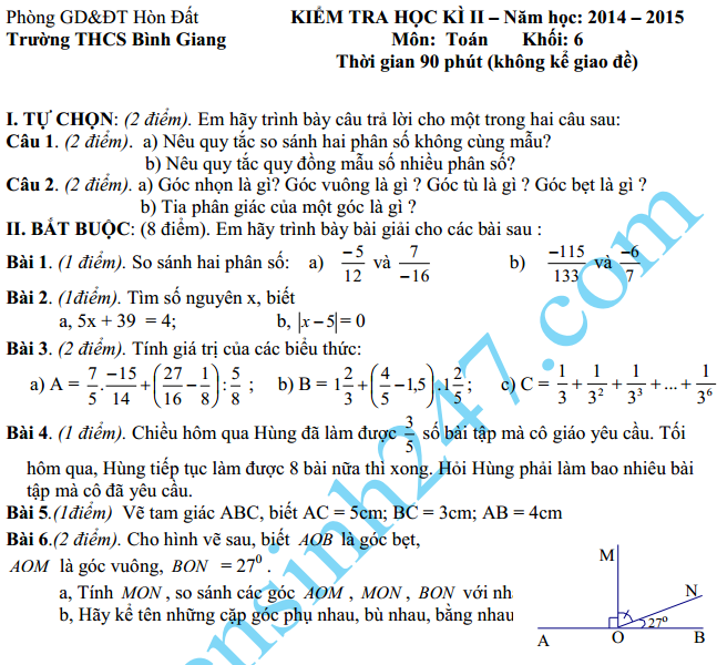 Đề thi học kì 2 lớp 6 năm 2015 môn Toán – THCS Bình Giang 