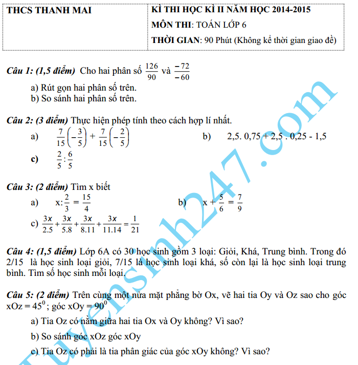 Đề thi học kì 2 lớp 6 môn Toán 6 – THCS Thanh Mai 2015