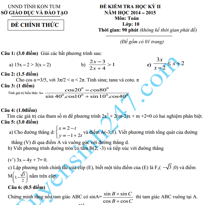 Đề thi học kì 2 năm 2015 lớp 10 môn Toán – Sở GD Kon Tum