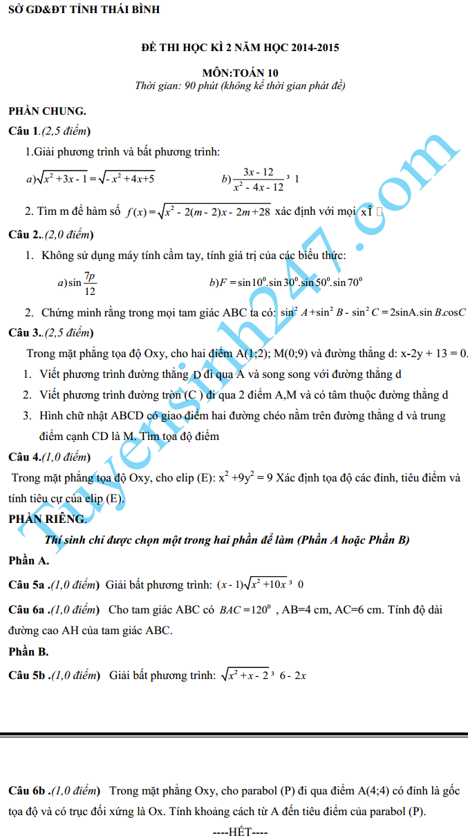 Đề thi học kì 2 lớp 10 môn Toán – Sở GD Thái Bình 2015