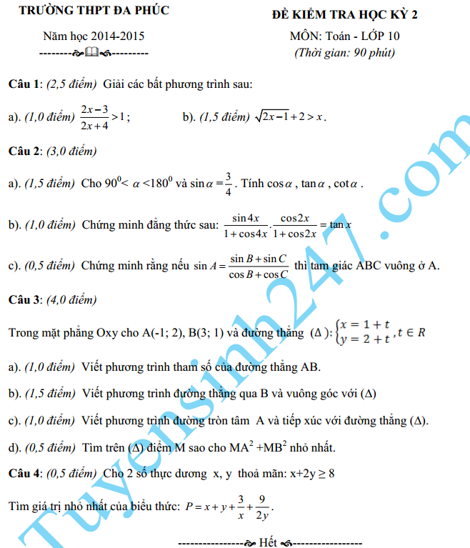 Đề thi học kì 2 môn Toán 10 – THPT Đa Phúc 2015