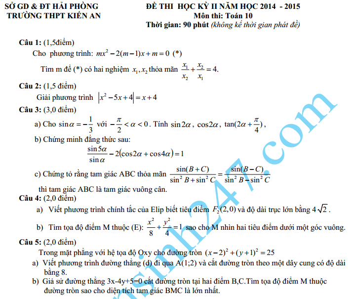 Đề thi học kì 2 lớp 10 môn Toán - THPT Kiến An 2015