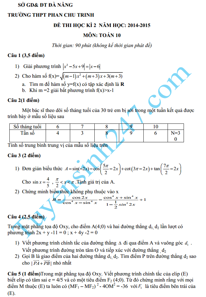 Đề thi học kì 2 lớp 10 năm 2015 môn Toán – THPT Phan Chu Trinh