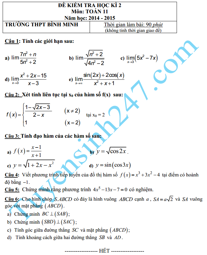 Đề thi học kì 2 lớp 11 năm 2015 môn Toán – THPT Bình Minh