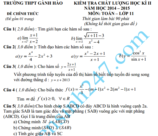 Đề thi học kì 2 lớp 11 năm 2015 môn Toán – THPT Gành Hào