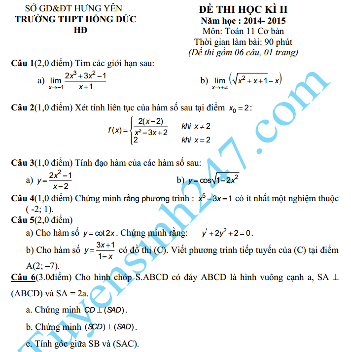 Đề thi học kì 2 lớp 11 môn Toán – THPT Hồng Đức năm 2015