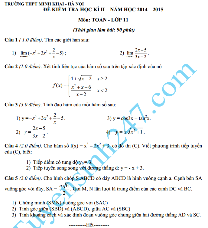 Đề thi học kì 2 lớp 11 môn Toán năm 2015 – THPT Minh Khai