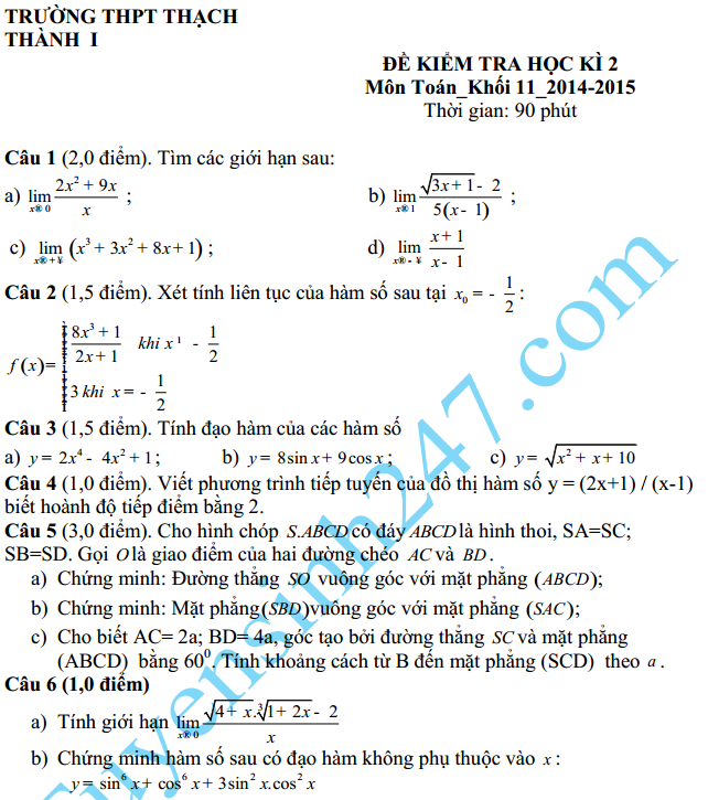 Đề thi học kì 2 năm 2015 môn Toán 11 – THPT Thạch Thành 1