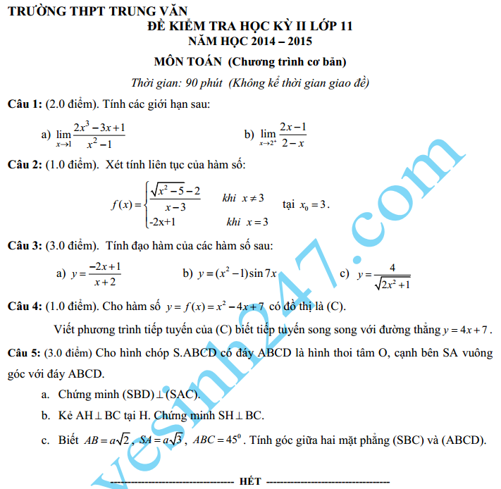 Đề thi học kì 2 lớp 11 năm 2015 môn Toán – THPT Trung Văn