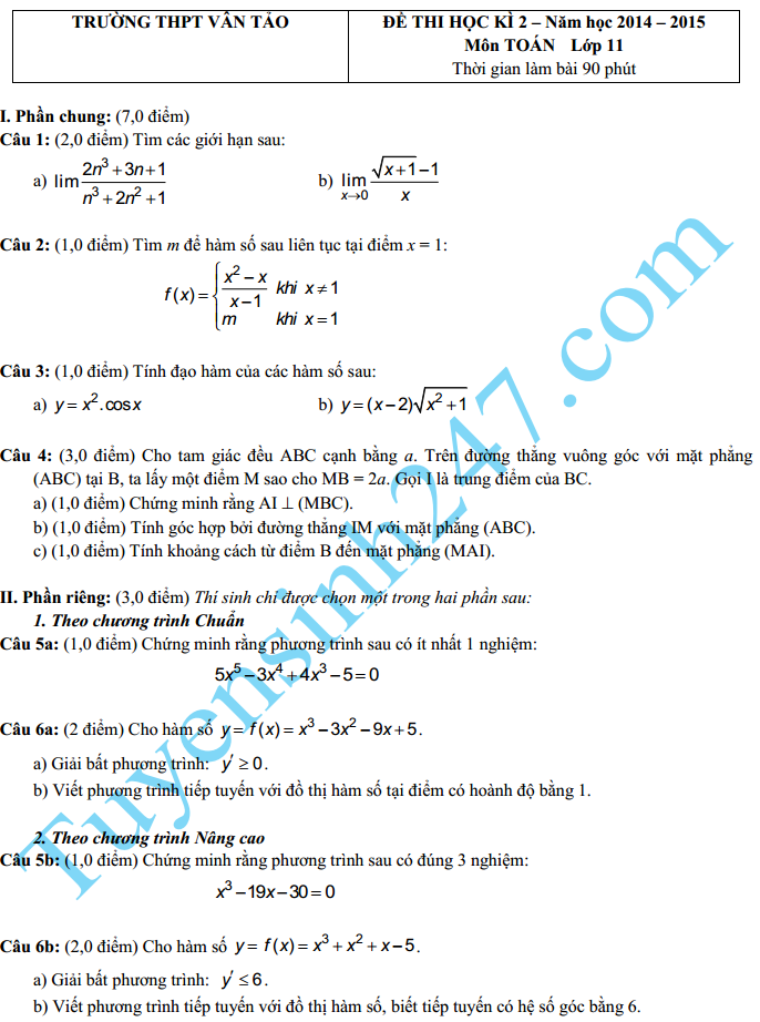 Đề thi học kì 2 lớp 11 môn Toán - THPT Vân Tảo 2015