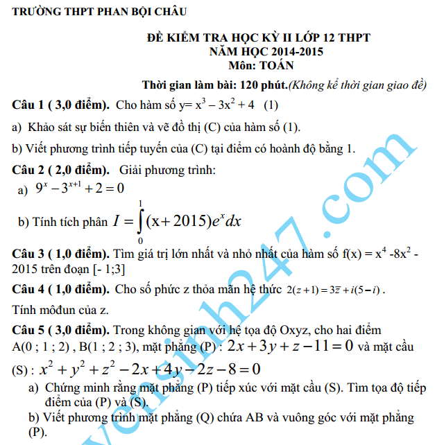 Đề thi học kì 2 năm 2015 môn Toán 12  – THPT Phan Bội Châu 
