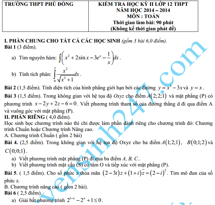 Đề thi học kì 2 lớp 12 môn Toán  2015 - THPT Phù Đổng