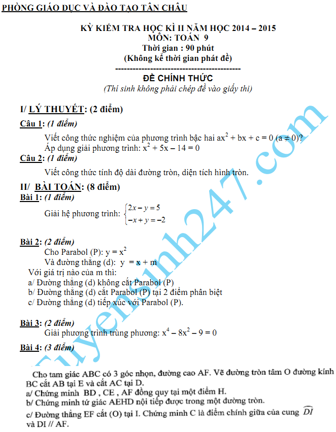 Đề thi học kì 2 lớp 9 2015 môn Toán - Tân Châu