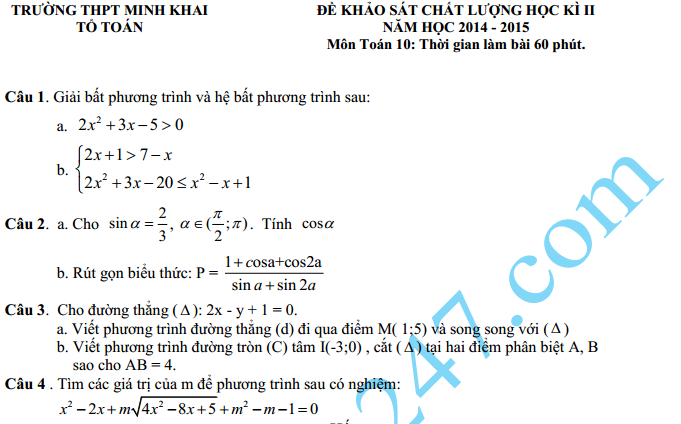 Đề thi học kì 2 lớp 10 năm 2015 môn Toán THPT Minh Khai