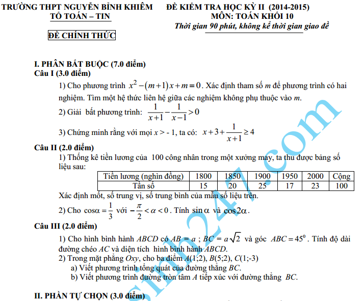 Đề thi học kì 2 lớp 10 môn Toán 2015 THPT Nguyễn Bỉnh Khiêm