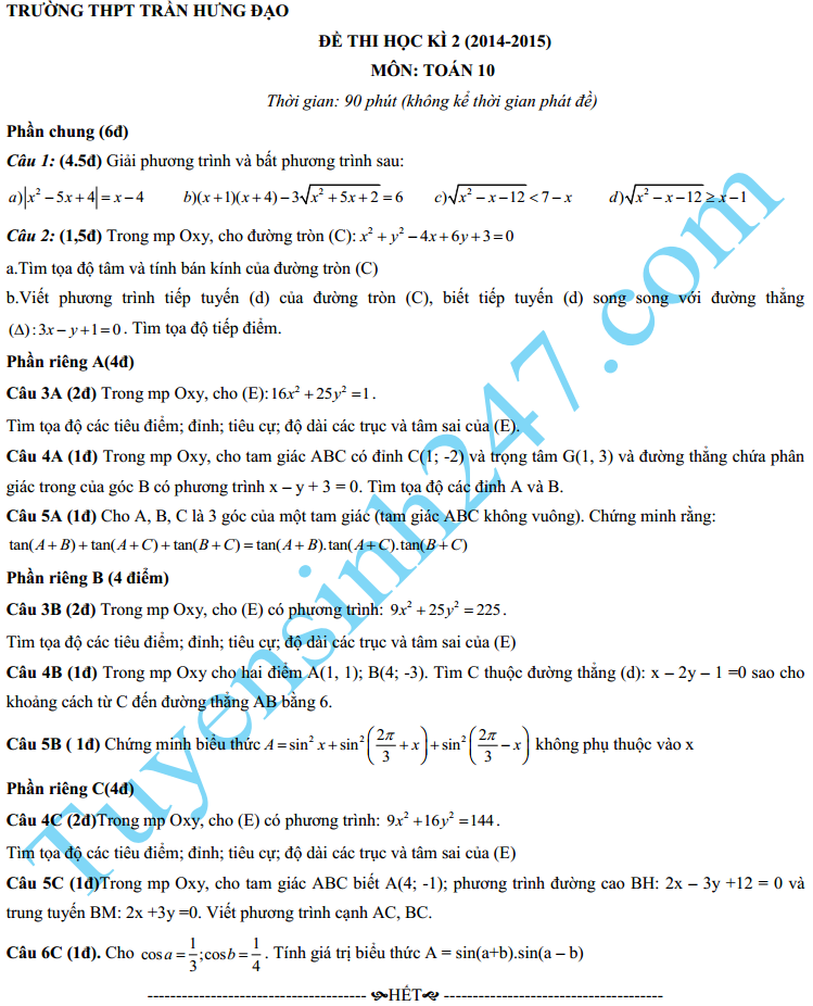 Đề thi học kì 2 lớp 10 môn Toán - THPT Trần Hưng Đạo 2015