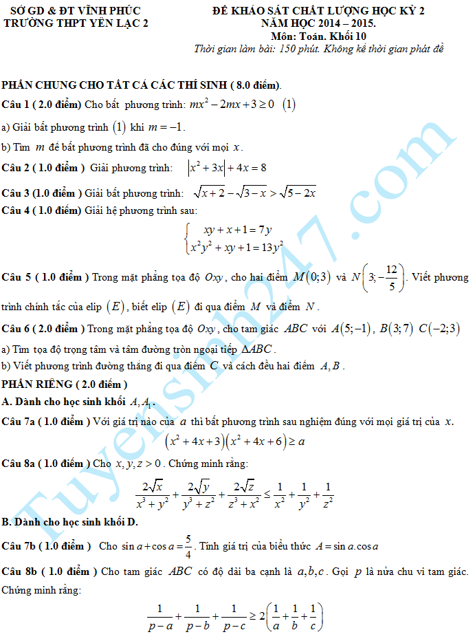 Đề thi học kì 2 lớp 10 môn Toán – THPT Yên Lạc 2 năm 2015