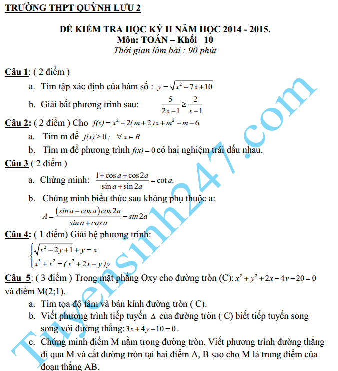 Đề thi học kì 2 lớp 10 Toán 2015 – THPT Quỳnh Lưu 2