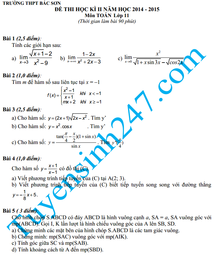 Đề thi học kì 2 môn Toán 11 – THPT Bắc Sơn 2015  