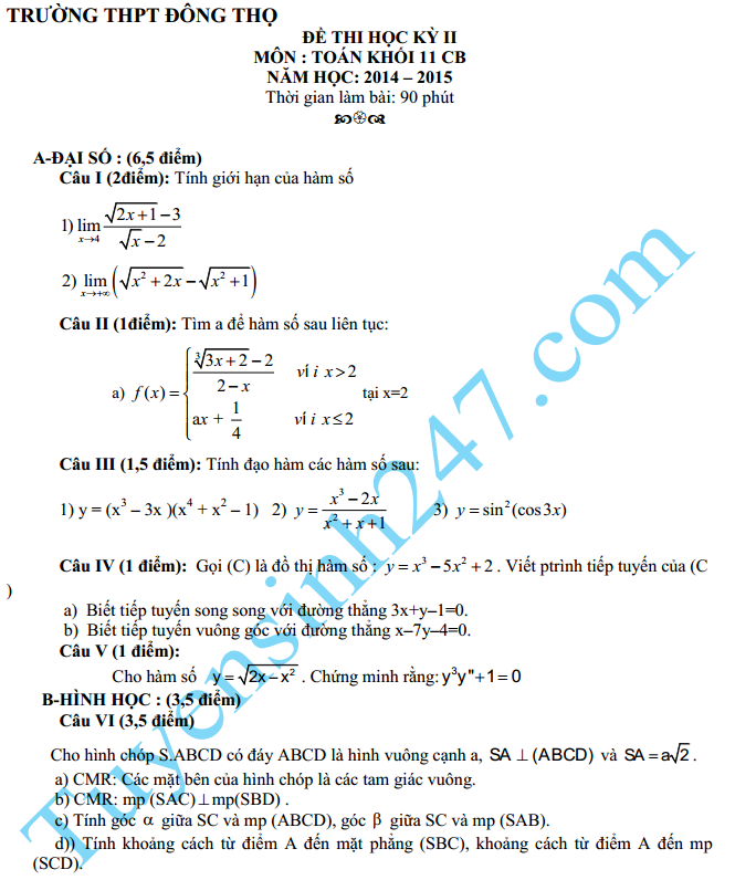 Đề thi học kì 2 lớp 11 môn Toán 2015 – THPT Đông Thọ