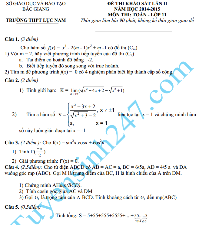 Đề thi học kì 2 lớp 11 năm 2015 môn Toán –THPT Lục Nam