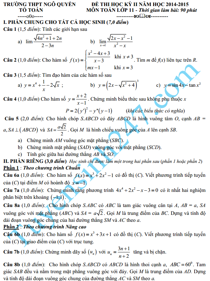 Đề thi học kì 2 lớp 11 môn Toán – THPT Ngô Quyền 2015