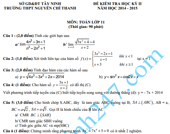 Đề thi học kì 2 lớp 11 môn Toán 2015 – THPT Nguyễn Chí Thanh 