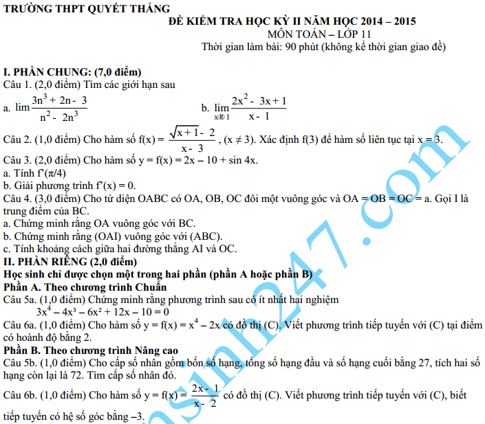 Đề thi học kì 2 lớp 11 năm 2015 môn Toán – THPT Quyết Thắng