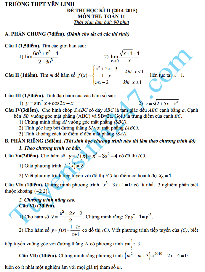 Đề thi học kì 2 lớp 11 năm 2015 môn Toán – THPT Yên Linh