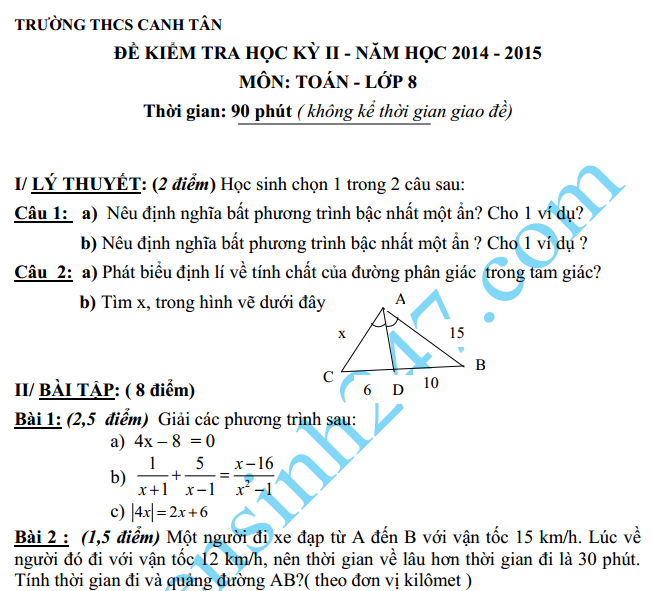 Đề thi học kì 2 lớp 8 năm 2015 môn Toán – THCS Canh Tân