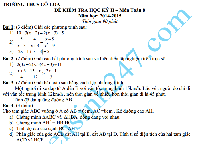 Đề thi học kì 2 lớp 8 năm 2015 môn Toán – THCS Cổ Loa